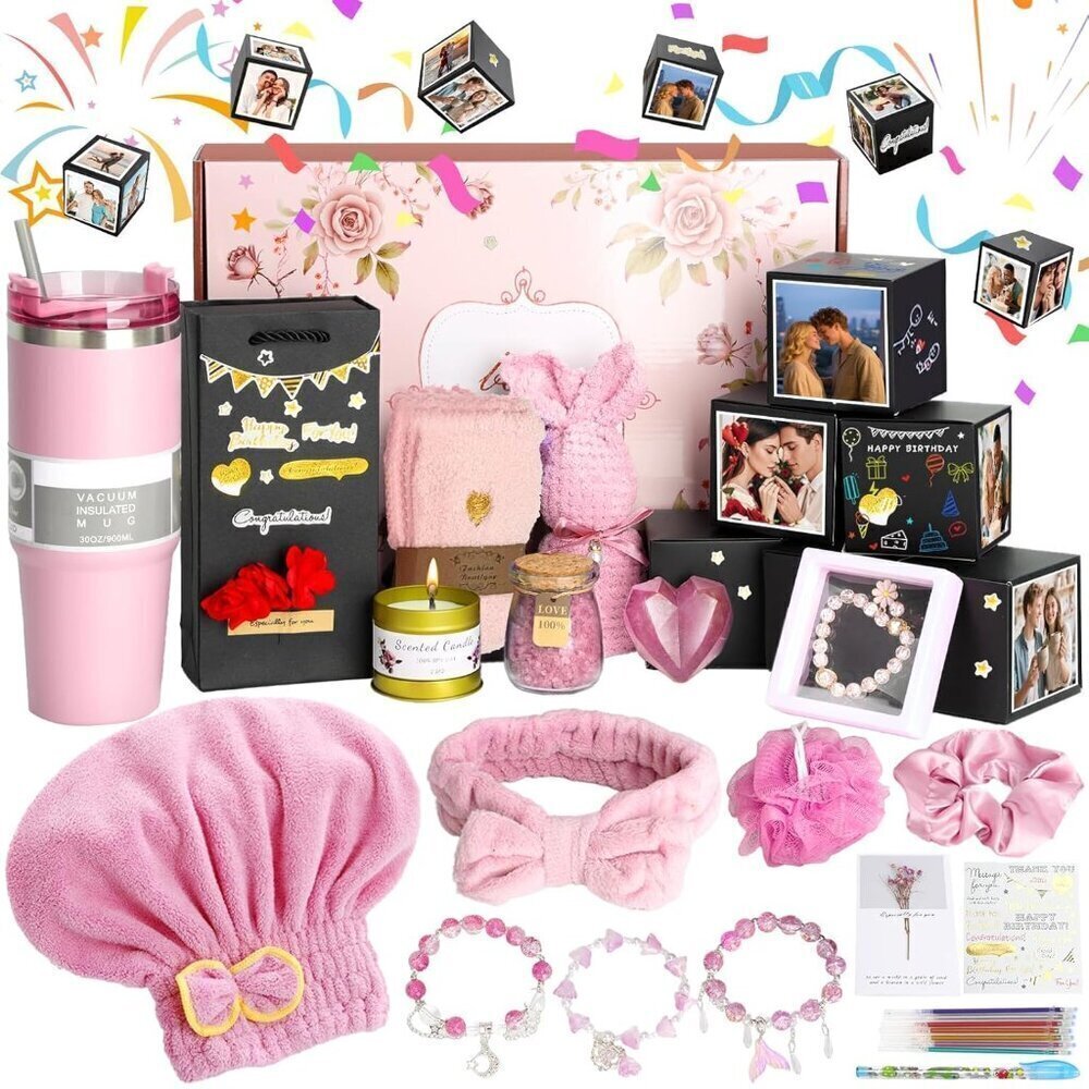 Birthday Gift Baskets for Women, 21 Piece Handmade Surprise Photo Pop Up Box NEW